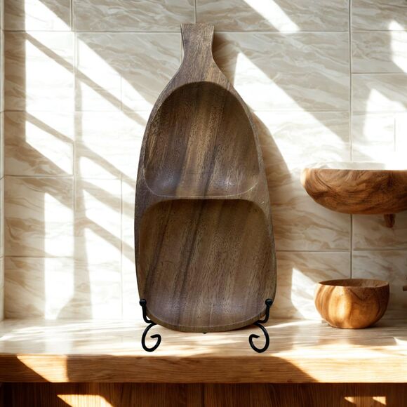 Vintage Hand Carved Monkey Pod Divided Dish 13" Bottle Shape Mid Century Tiki - Picture 3 of 9